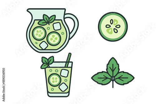 Refreshing cucumber and mint detox drink in pitcher and glass with ice and ingredients