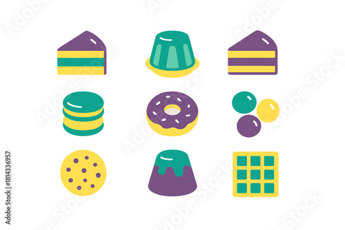 Assortment of colorful sweet treats and desserts featuring Mardi Gras colors