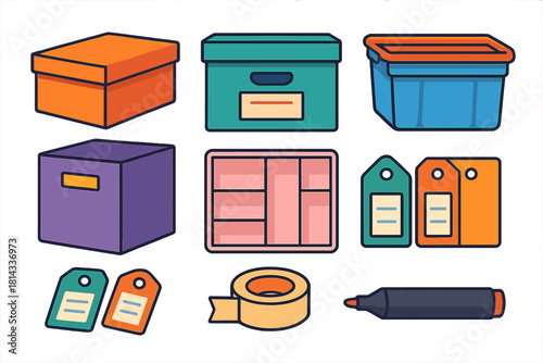 Colorful storage containers organization boxes tags adhesive tape and permanent marker