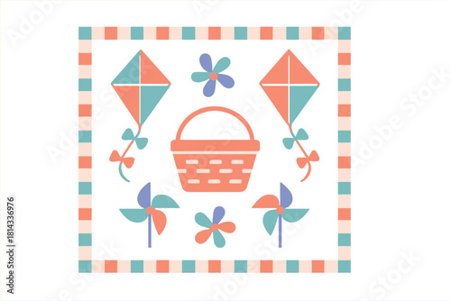 Pastel picnic basket with kites, pinwheels, and flowers in checkered frame