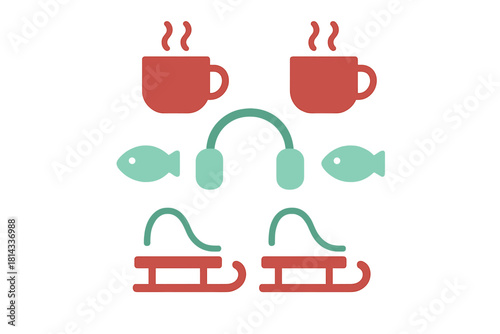 Simple winter holiday icons collection featuring hot cocoa mugs, earmuffs, fish, and sleds