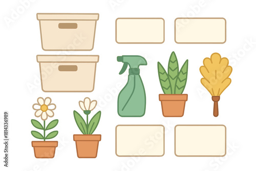 Set of household organization and cleaning supplies with potted plants and blank labels