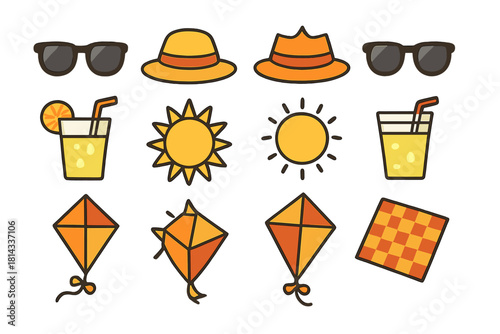 Summer holiday icons set featuring sunglasses, straw hat, cold drink, bright sun, and flying kite