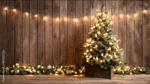 Christmas backdrop featuring a fir tree and decorative lights. A Christmas tree adorned with garland set against a wooden