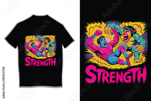 Strength Wrestling Fight Neon T-Shirt Design
