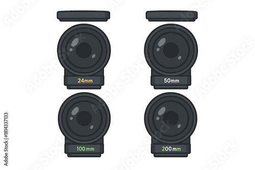 Set of four interchangeable camera lenses showing different focal lengths and protective caps