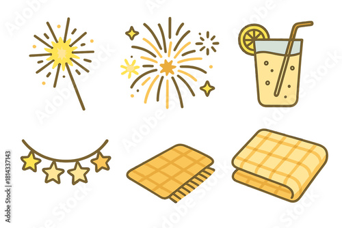 Summer celebration and picnic items including sparkler, lemonade, fireworks, and checkered blankets