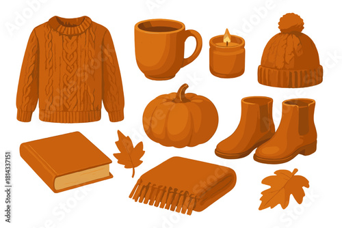 Cozy autumn essentials set featuring sweater, pumpkin, boots, and hot drink mug