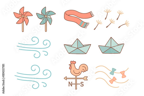 Pastel icons of wind, air, and movement including pinwheels, paper boats, and weathervane