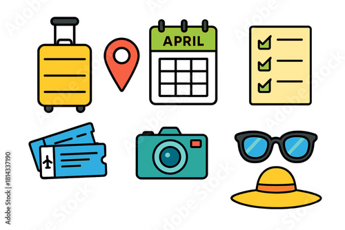Travel and vacation planning essentials set featuring luggage, calendar, tickets, and camera icons