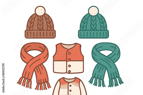 Collection of warm knitted winter accessories: beanies, long scarves, and buttoned vests
