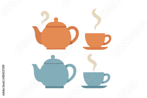 Collection of colorful teapots and steaming cups of hot beverage on a white background