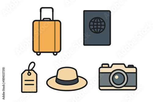 Travel essentials set including rolling luggage, passport, camera, sun hat, and baggage tag