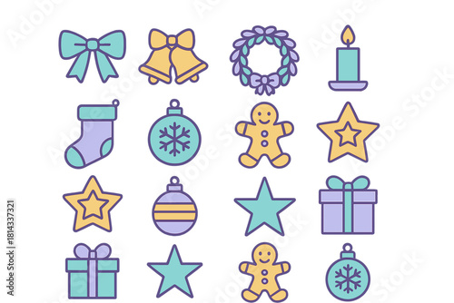 Festive Christmas and winter holiday symbols collection including ornaments and gifts