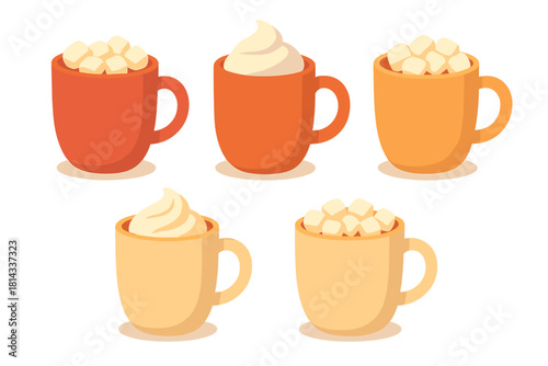 Five warm mugs filled with hot chocolate or coffee topped with marshmallows and whipped cream