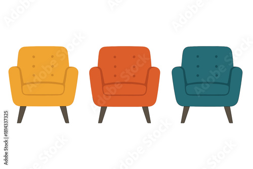 Three colorful mid-century modern armchairs with tufted upholstery and tapered wooden legs