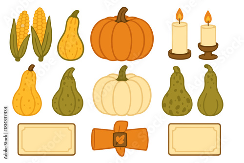 Autumn harvest elements set including pumpkins gourds corn candles and blank labels for seasonal design