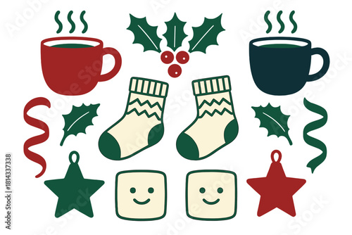Festive winter season elements steaming mugs warm knitted socks holly leaves star ornaments