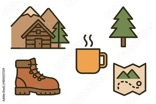 Set of outdoor adventure and camping symbols featuring a cabin, mountains, hiking boot, mug, and map