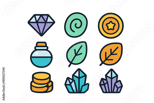 Colorful fantasy game assets set including diamond, magic potion, gold coins, leaves, and crystals