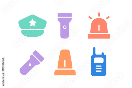 Colorful police and security equipment icons set featuring cap, flashlight, siren, and radio