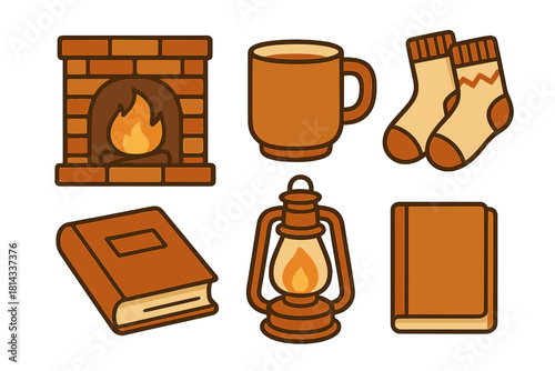 Cozy autumn and winter items: fireplace, hot drink mug, warm socks, books, and lantern