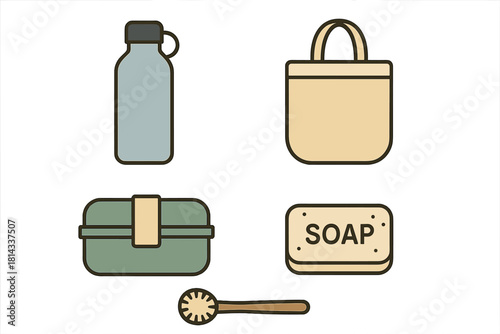 Reusable items set including water bottle, tote bag, lunch box, soap, and wooden spoon for eco-friendly living