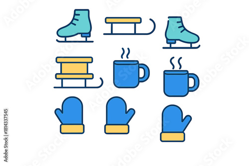 Winter sports equipment and cozy items set including ice skates sleds hot drinks and mittens