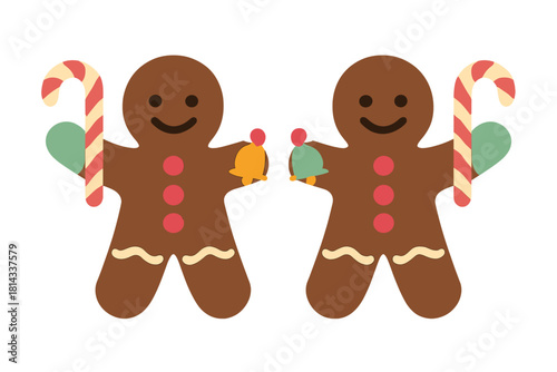 Smiling gingerbread cookies holding candy canes and bells for Christmas holiday celebration