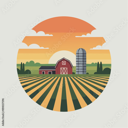 A picturesque farm landscape with a red barn, silo, and fields under a setting sun.