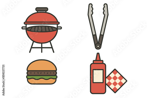 Outdoor barbecue cooking equipment and food items set including grill, burger, and sauce bottle