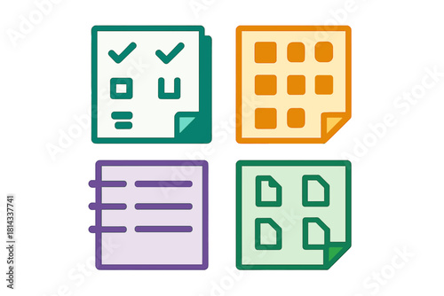 Colorful document icons representing file types, data organization, and content management systems