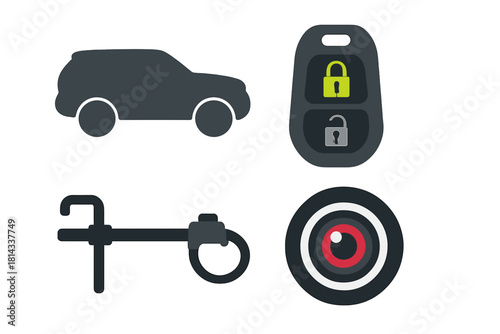 Essential icons for modern car security systems and remote vehicle access features
