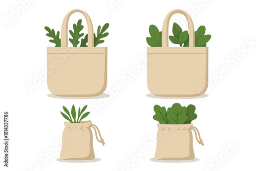 Sustainable canvas tote bags and drawstring pouches with fresh green produce for zero-waste shopping