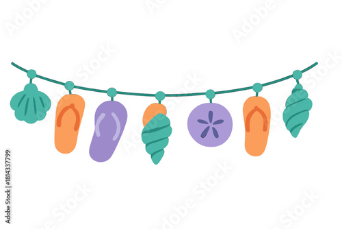 Brightly colored summer beach banner with flip-flops, seashells, and sand dollar elements