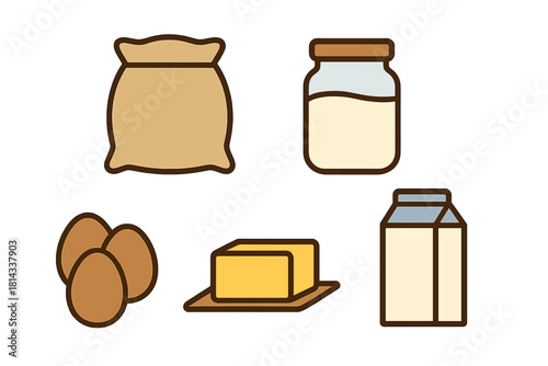 Essential baking ingredients set with flour, eggs, butter, and milk containers