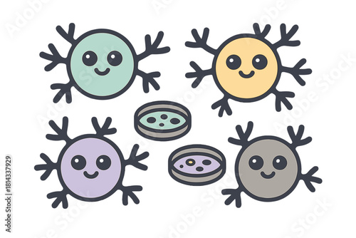 Happy cartoon microbes or neurons with petri dishes representing microbiology research