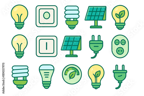 Collection of sustainable energy and ecology symbols featuring solar panels light bulbs and power switches