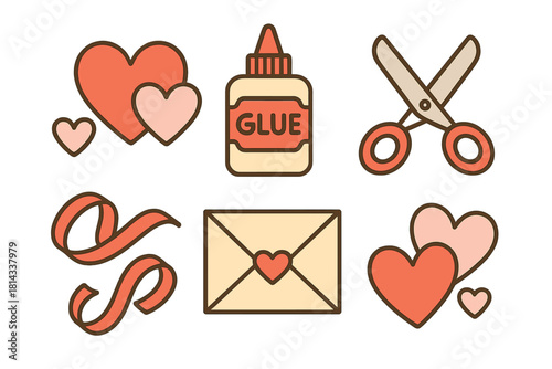 Retro Valentine's Day crafting set featuring hearts, scissors, glue, ribbon, and envelope