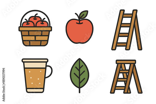 Autumn harvest items including apples, wicker basket, cider mug, and wooden ladders