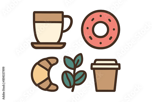 Set of breakfast and coffee icons including donut, croissant, and hot drinks