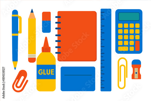 Brightly colored collection of essential school and office supplies arranged on a white background