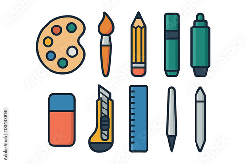 Essential art and school supplies including paint palette, brush, pencil, markers, ruler, and eraser