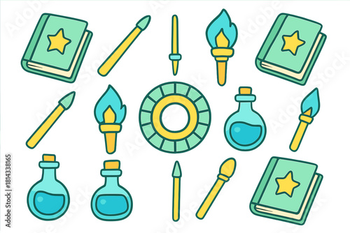 Magical fantasy items collection: spellbooks, potions, wands, flaming torches