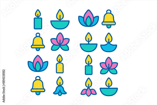 Colorful collection of spiritual symbols featuring lit candles, traditional oil lamps, lotus flowers, and bells
