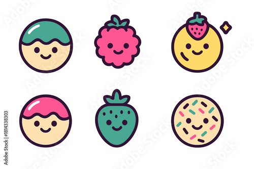 Set of cute smiling food characters including berries, glazed sweets, and sprinkle cookies