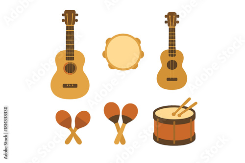 Collection of acoustic musical instruments including ukuleles, tambourine, maracas, and drum