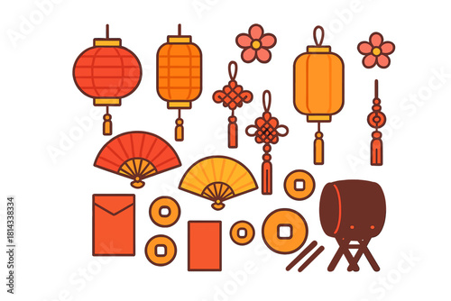 Traditional Chinese New Year symbols including lanterns, fans, knots, coins, and drums