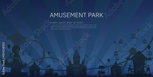 Vector illustration of Ferris wheel, amusement park at night, amusement park silhouette.