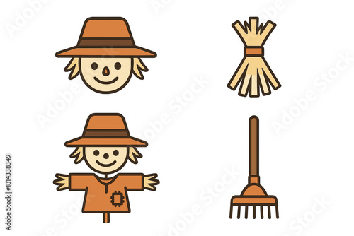Scarecrow, straw bundle, and gardening rake symbols representing autumn harvest